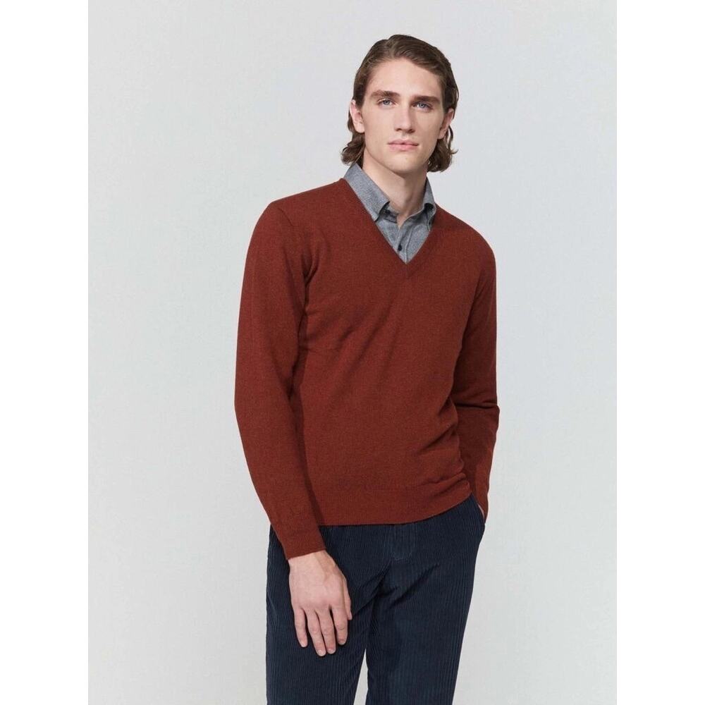 Hawico PEDRO CLASSIC V NECK Sweater 100% Cashmere Sz Small Rust Red Burnt Orange